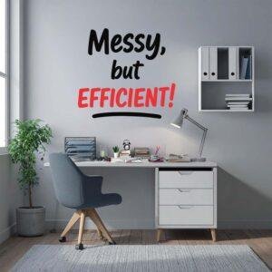 Typography wall sticker featuring the quote "Messy but Efficient!" in black and red lettering displayed above a modern white desk in a home office with a swivel chair and workspace accessories.