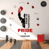 Motivational gym wall sticker featuring the quote "Pain Is Temporary Pride Is Forever" with boxing glove and fitness equipment icons, ideal for home gyms, fitness studios, boxing clubs, and workout rooms.