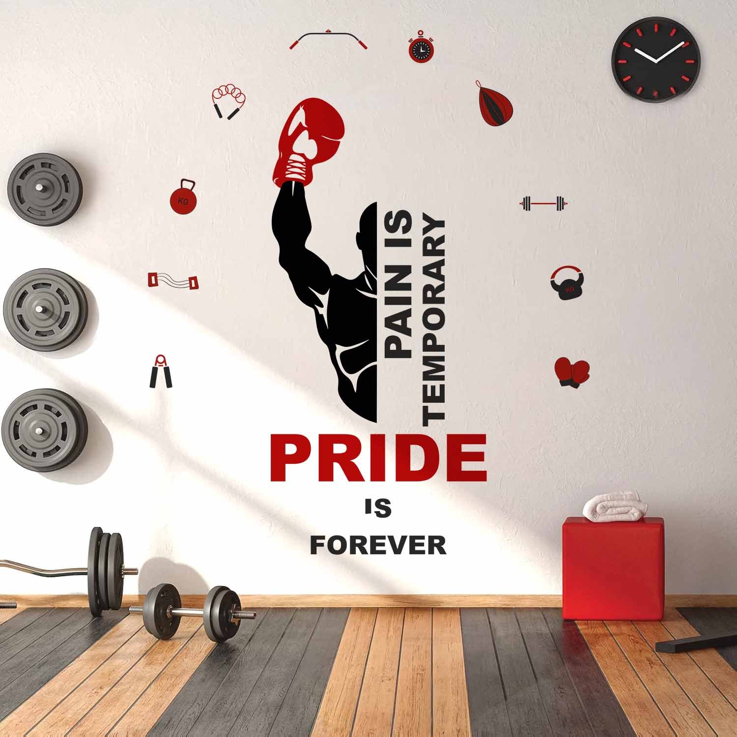 Motivational gym wall sticker featuring the quote "Pain Is Temporary Pride Is Forever" with boxing glove and fitness equipment icons, ideal for home gyms, fitness studios, boxing clubs, and workout rooms.