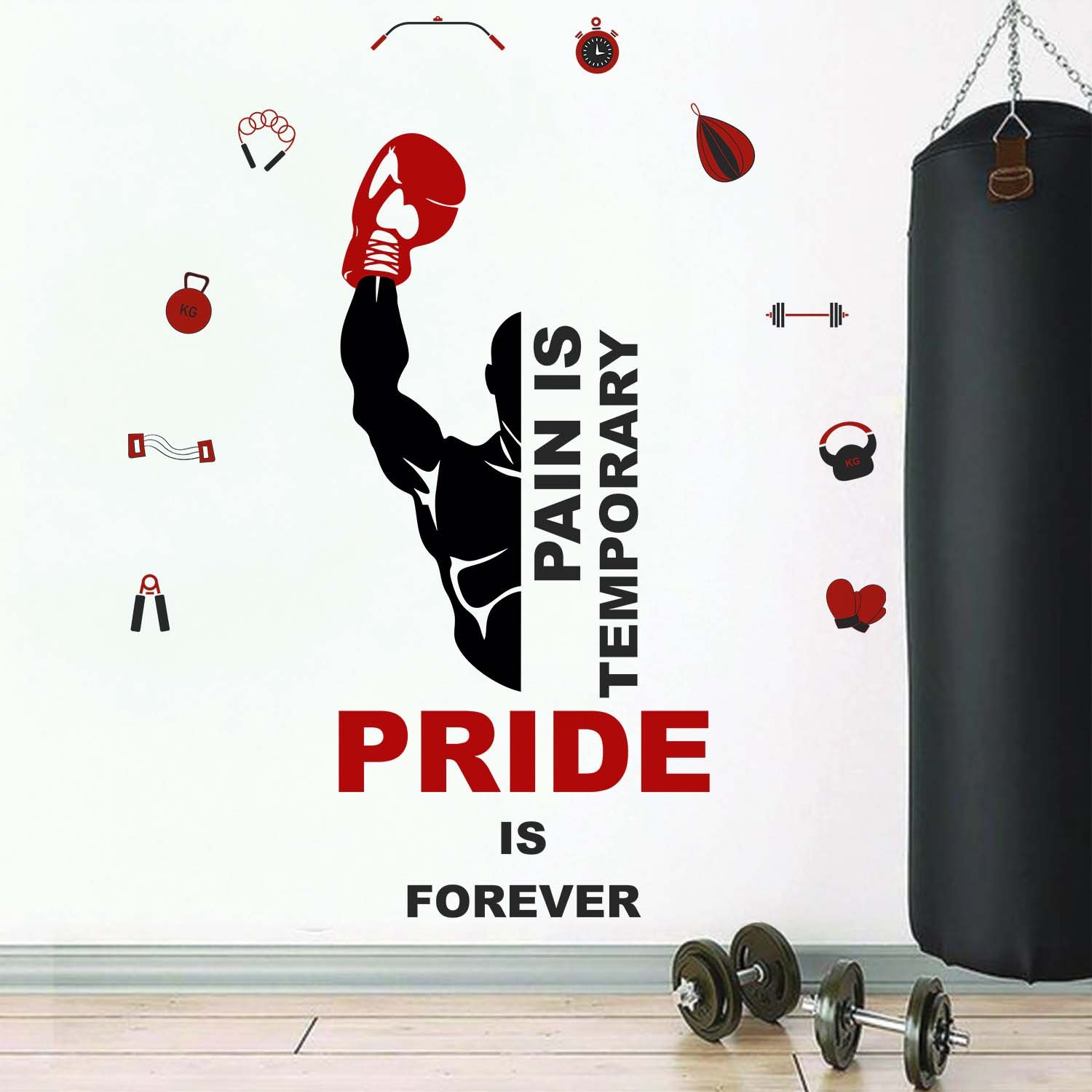 Motivational gym wall sticker featuring the quote "Pain Is Temporary Pride Is Forever" with boxing glove and fitness equipment icons, ideal for home gyms, fitness studios, boxing clubs, and workout rooms.