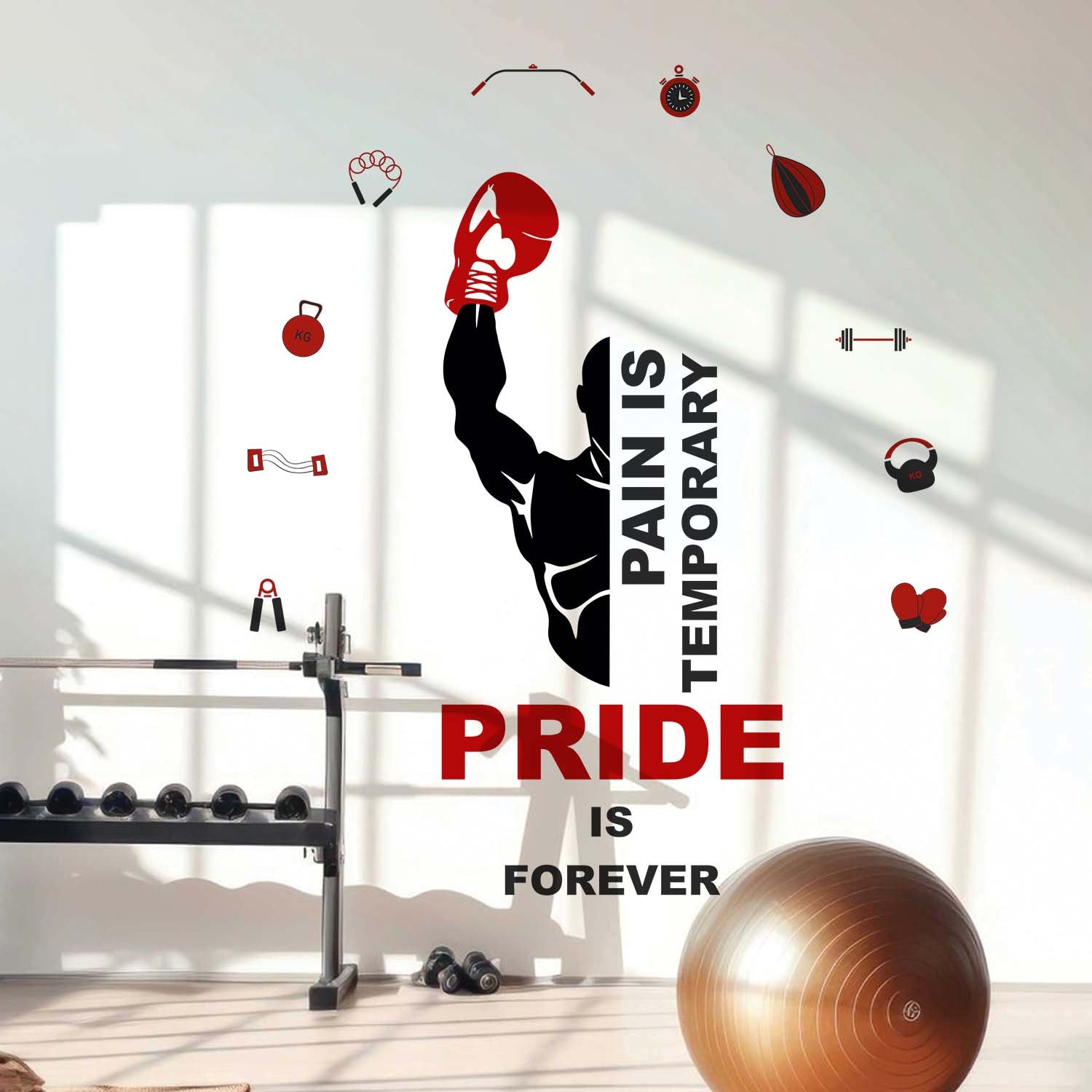 Motivational gym wall sticker featuring the quote "Pain Is Temporary Pride Is Forever" with boxing glove and fitness equipment icons, ideal for home gyms, fitness studios, boxing clubs, and workout rooms.