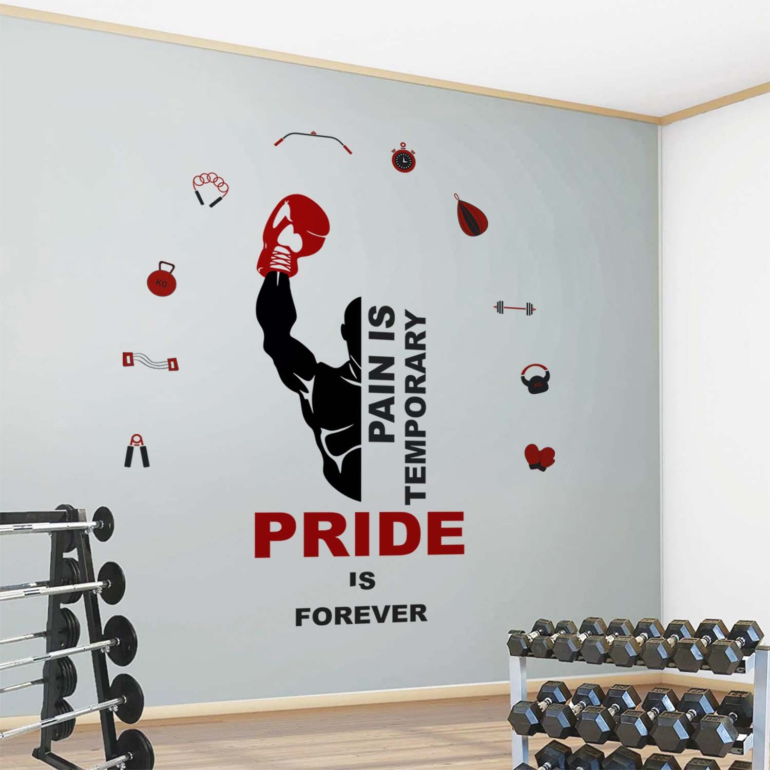Motivational gym wall sticker featuring the quote "Pain Is Temporary Pride Is Forever" with boxing glove and fitness equipment icons, ideal for home gyms, fitness studios, boxing clubs, and workout rooms.