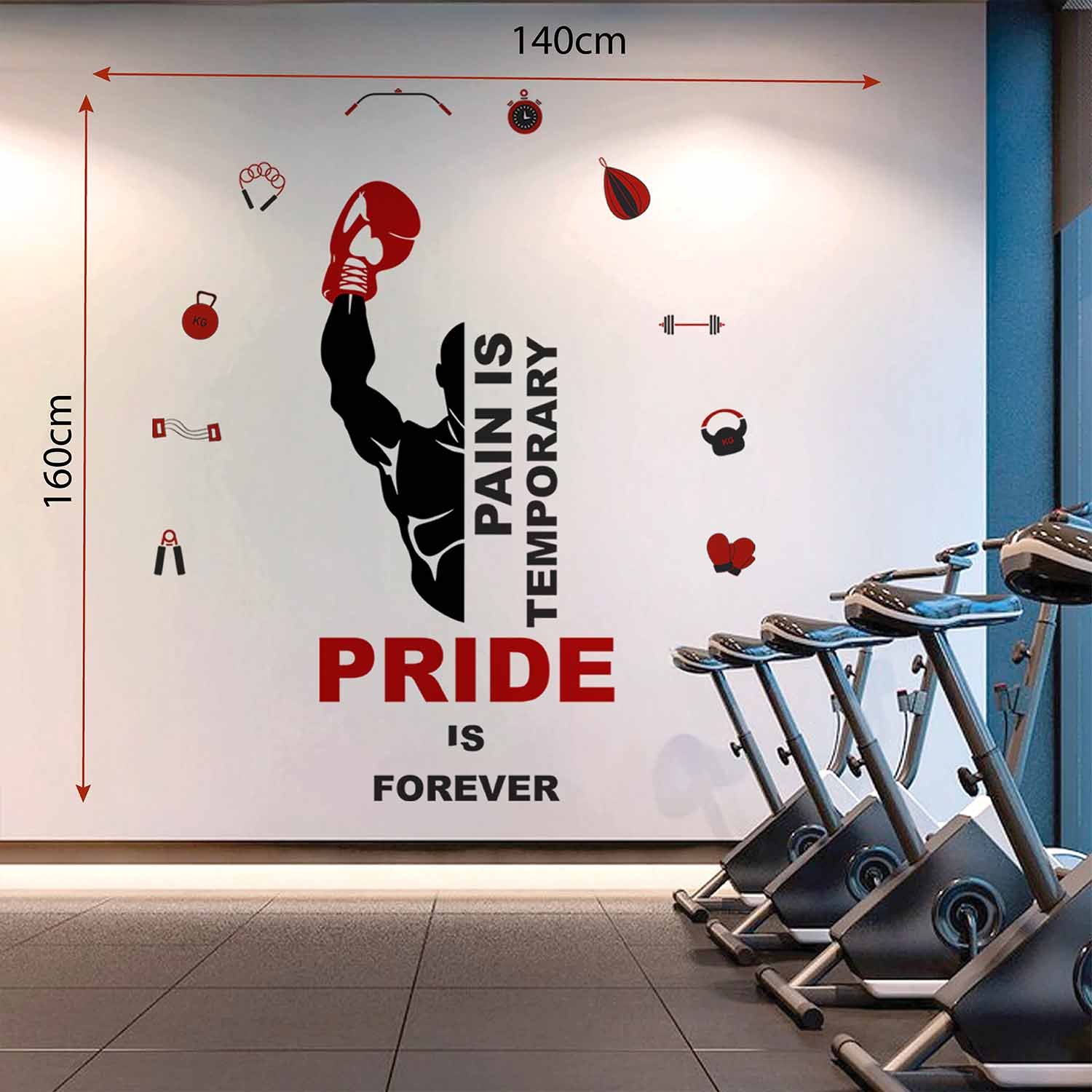 Motivational gym wall sticker featuring the quote "Pain Is Temporary Pride Is Forever" with boxing glove and fitness equipment icons, ideal for home gyms, fitness studios, boxing clubs, and workout rooms.