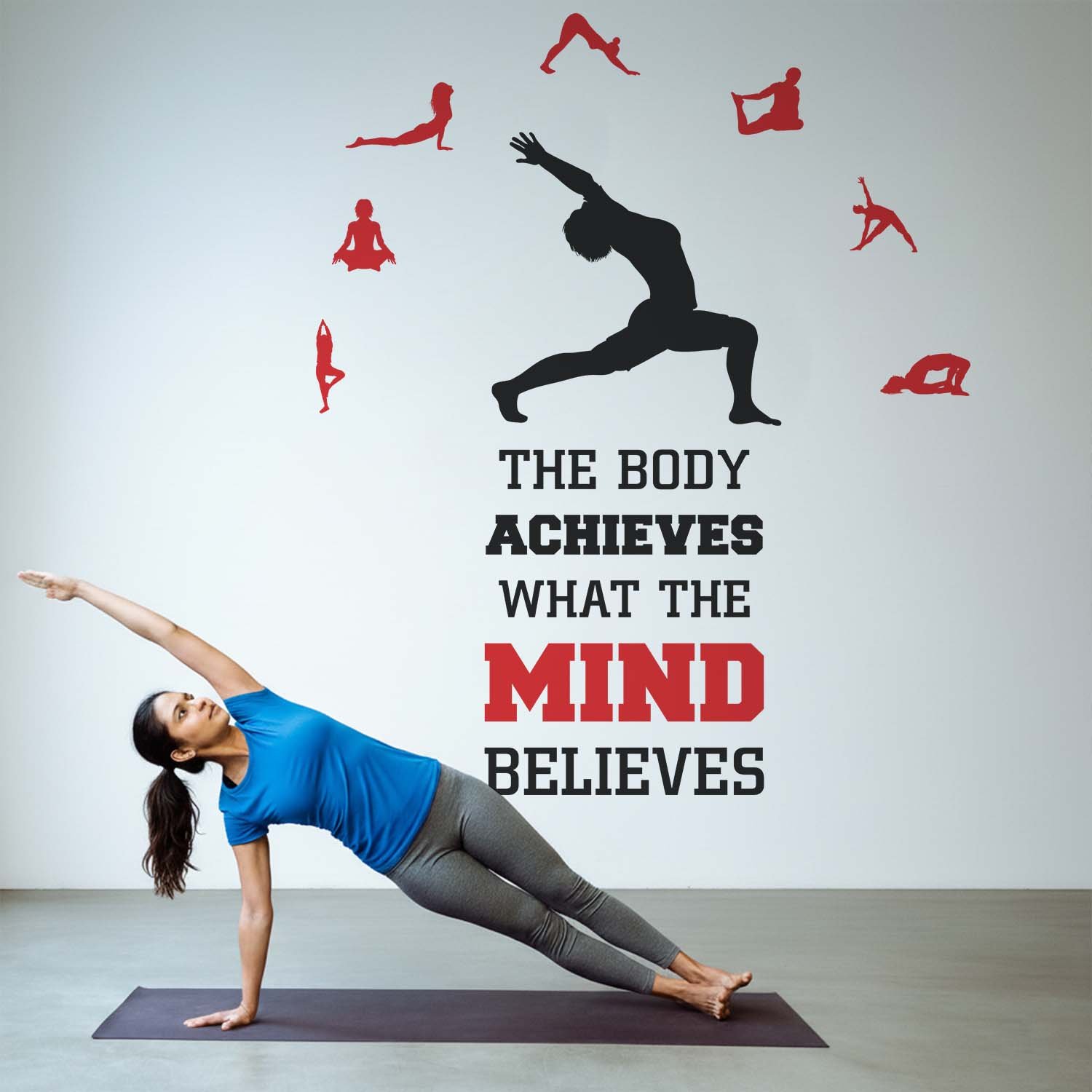 Motivational yoga wall sticker featuring the quote "The Body Achieves What the Mind Believes" with yoga pose silhouettes, ideal for gym walls, yoga studios, fitness centers, meditation rooms, and home workout spaces.