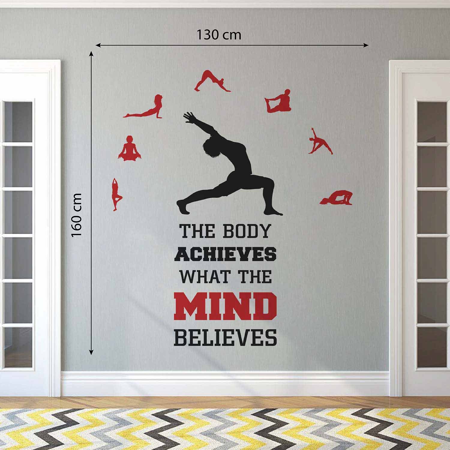 Motivational yoga wall sticker featuring the quote "The Body Achieves What the Mind Believes" with yoga pose silhouettes, ideal for gym walls, yoga studios, fitness centers, meditation rooms, and home workout spaces.