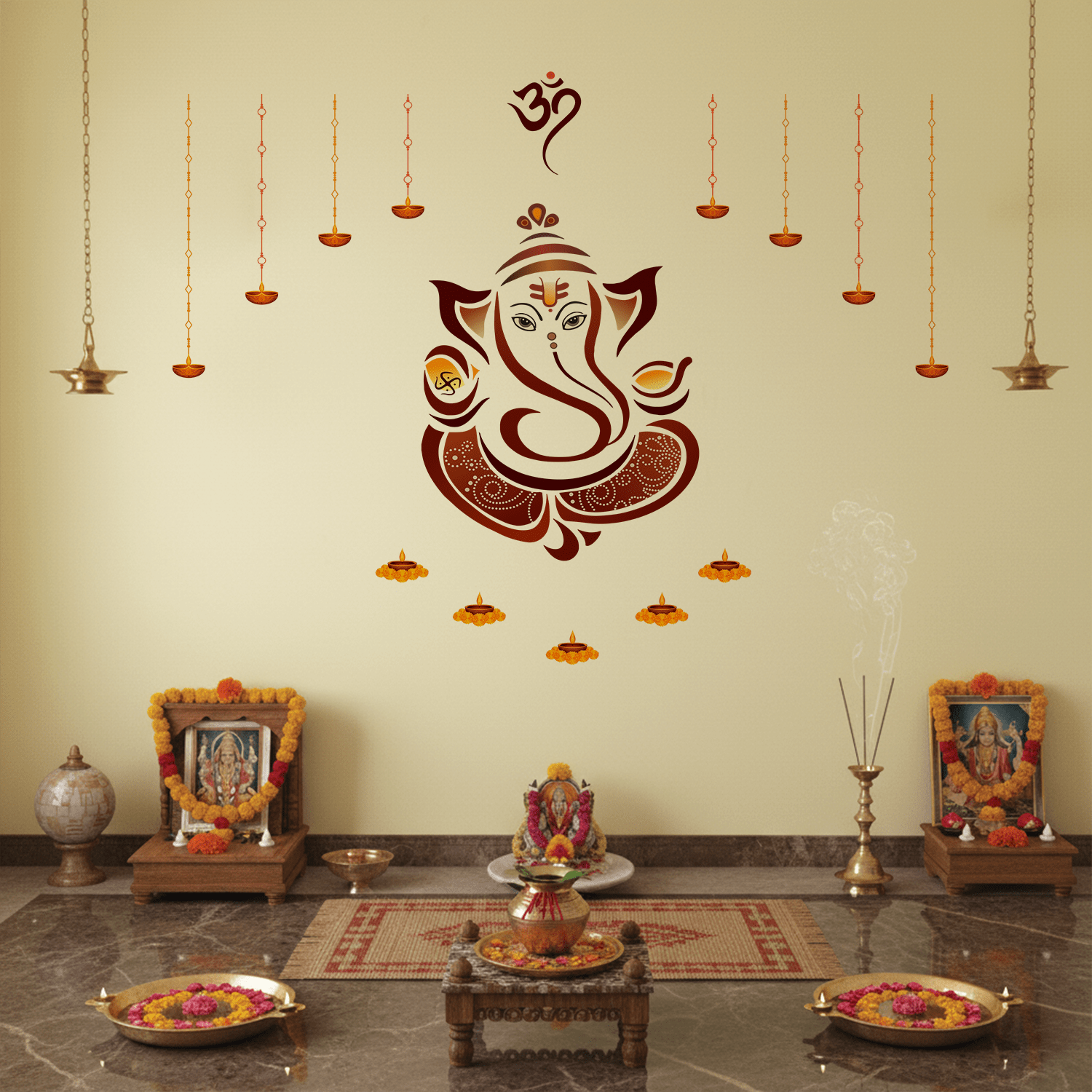 Decorative Lord Ganesha wall sticker featuring an Om symbol, hanging diyas, and floral lamp accents displayed above a wooden pooja altar with brass idols, flowers, and incense in a traditional home temple setting.