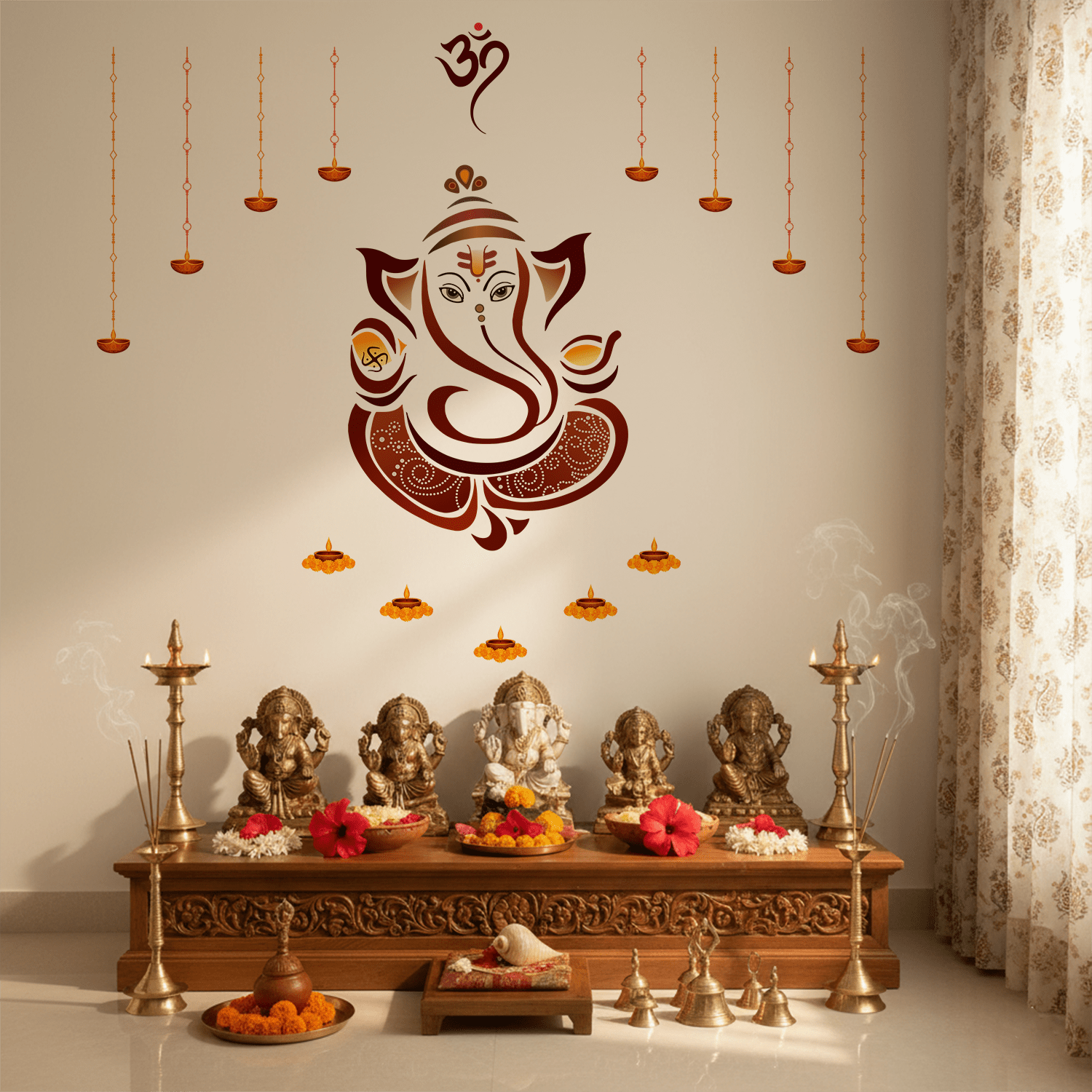 Decorative Lord Ganesha wall sticker featuring an Om symbol, hanging diyas, and floral lamp accents displayed above a wooden pooja altar with brass idols, flowers, and incense in a traditional home temple setting.