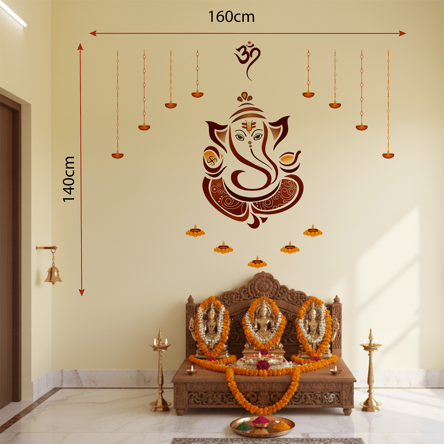Decorative Lord Ganesha wall sticker featuring an Om symbol, hanging diyas, and floral lamp accents displayed above a wooden pooja altar with brass idols, flowers, and incense in a traditional home temple setting.