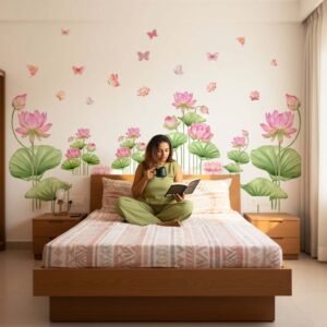 Pink lotus and butterfly wall sticker for home décor – removable floral wall decal by StickMe