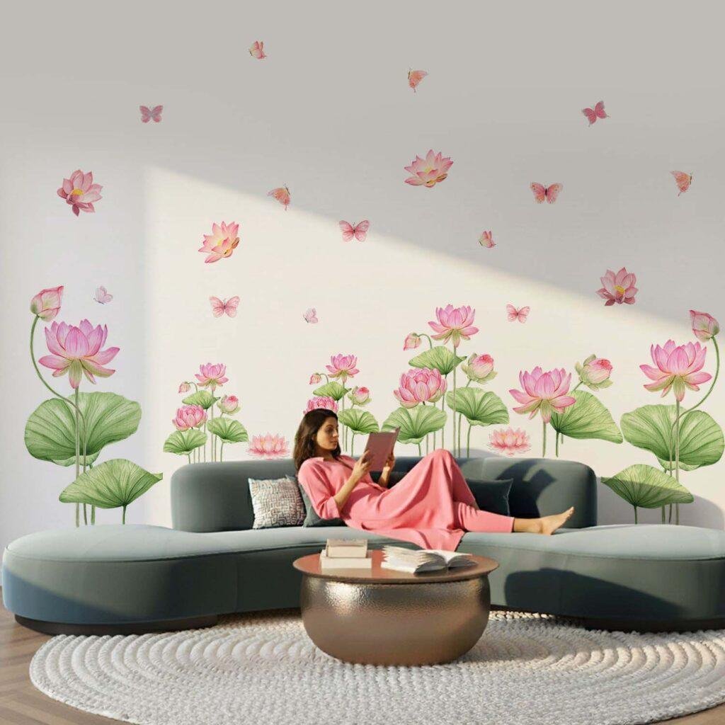 Pink lotus and butterfly wall sticker for home décor – removable floral wall decal by StickMe