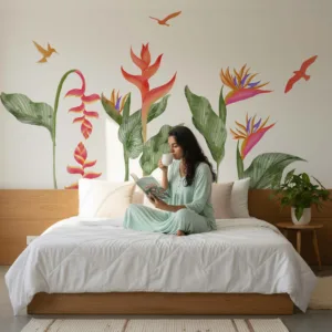 Colorful tropical heliconia and bird of paradise wall sticker with green leaves and flying birds above a bed on a white wall.