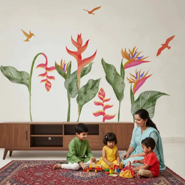 “Colorful tropical heliconia and bird of paradise wall sticker with green leaves and flying birds above a bed on a white wall.