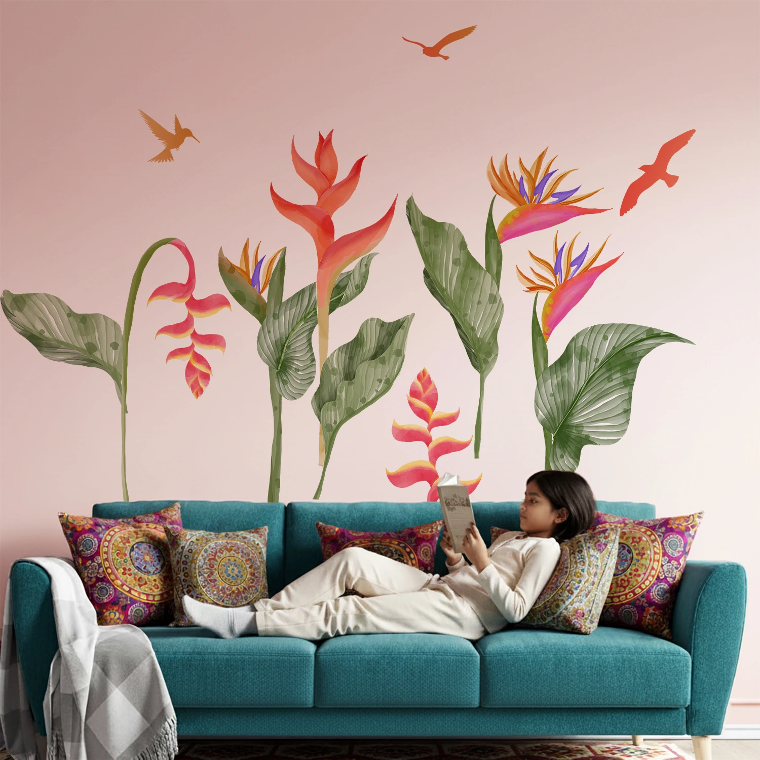 Colorful tropical heliconia and bird of paradise wall sticker with green leaves and flying birds above a bed on a white wall.