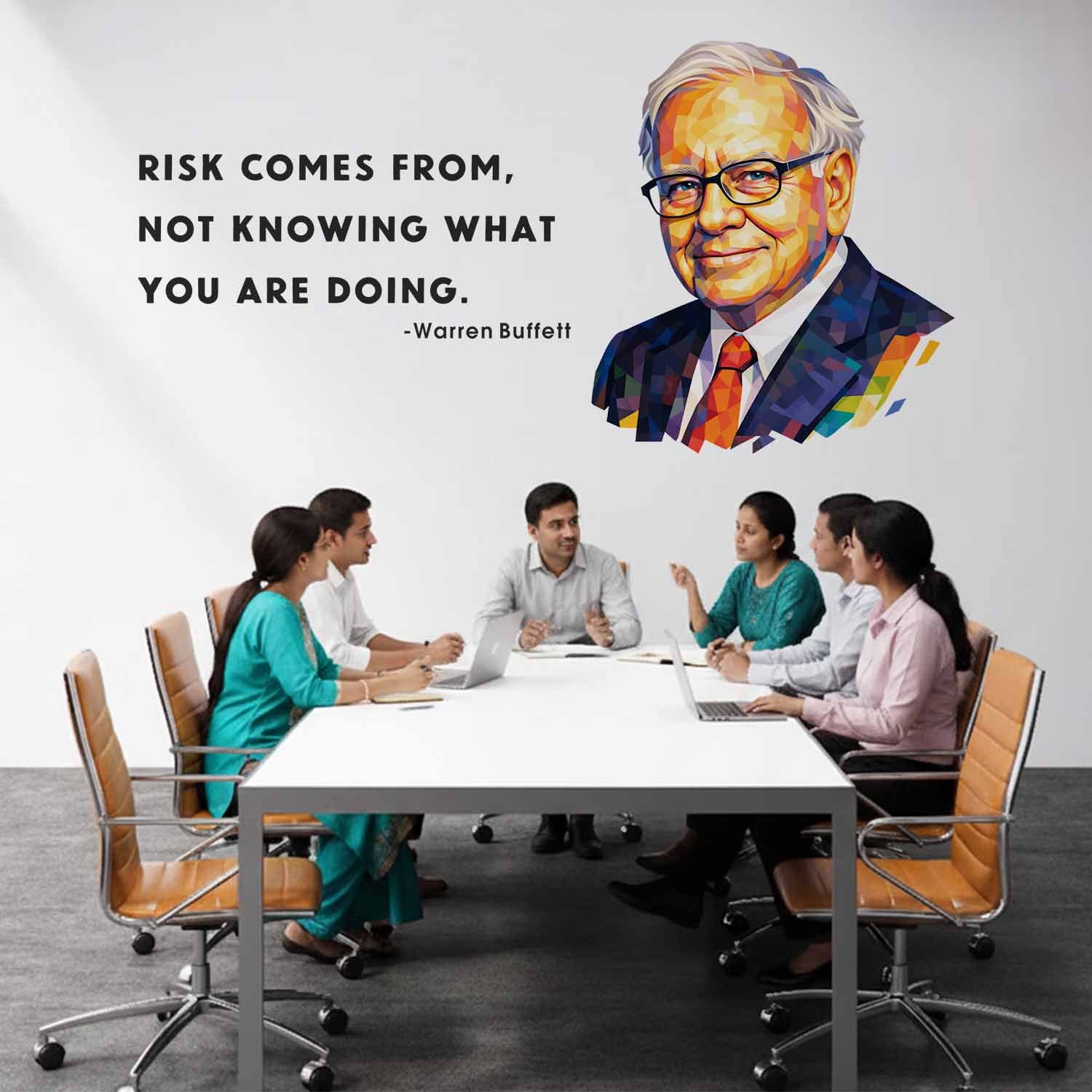 Warren Buffett risk quote wall sticker with colorful portrait motivational investor office wall decal