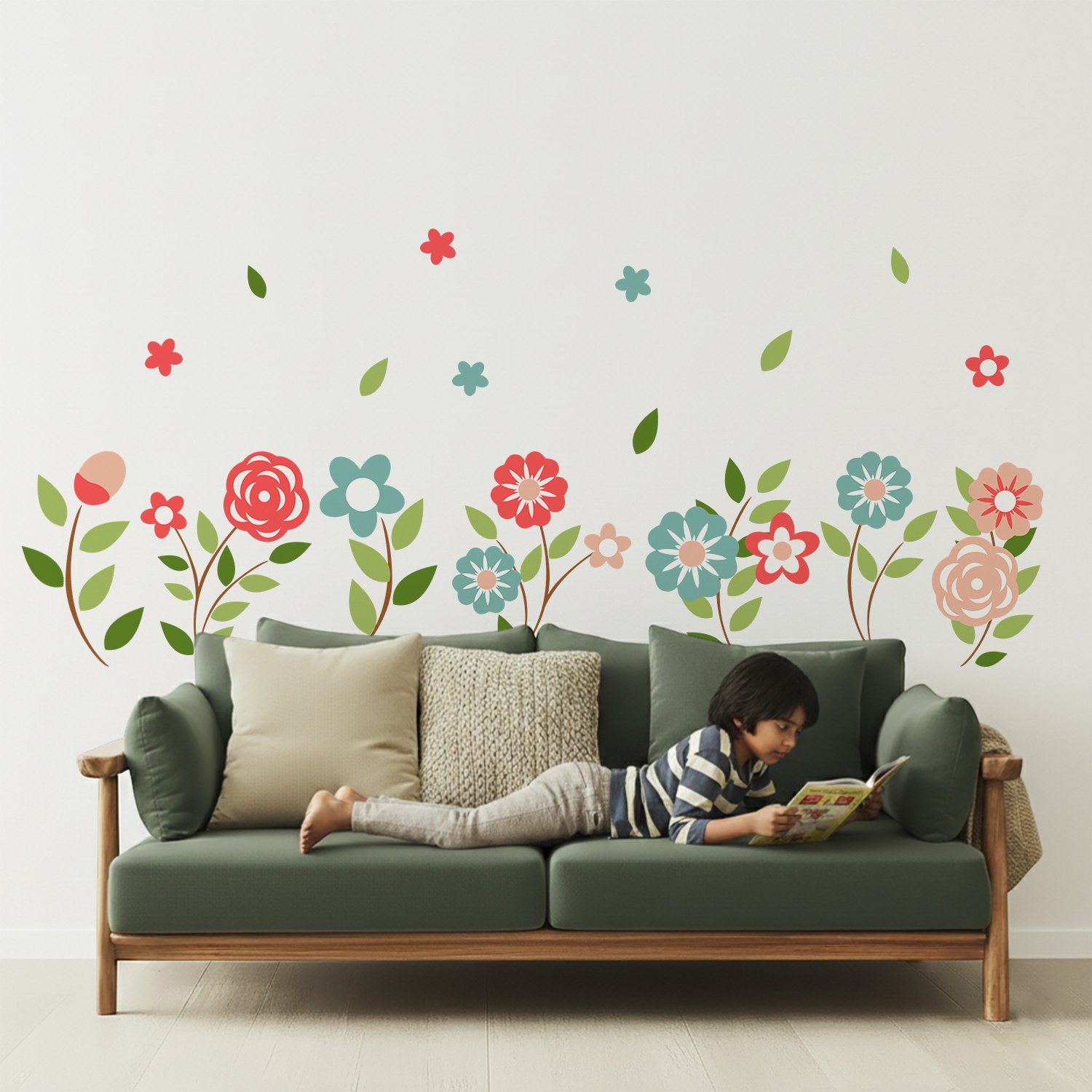 Colorful floral wall stickers for kids bedroom featuring pastel flowers and green leaves above bed decor