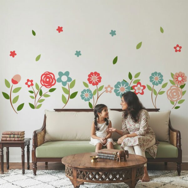 Colorful floral wall stickers for kids bedroom featuring pastel flowers and green leaves above bed decor
