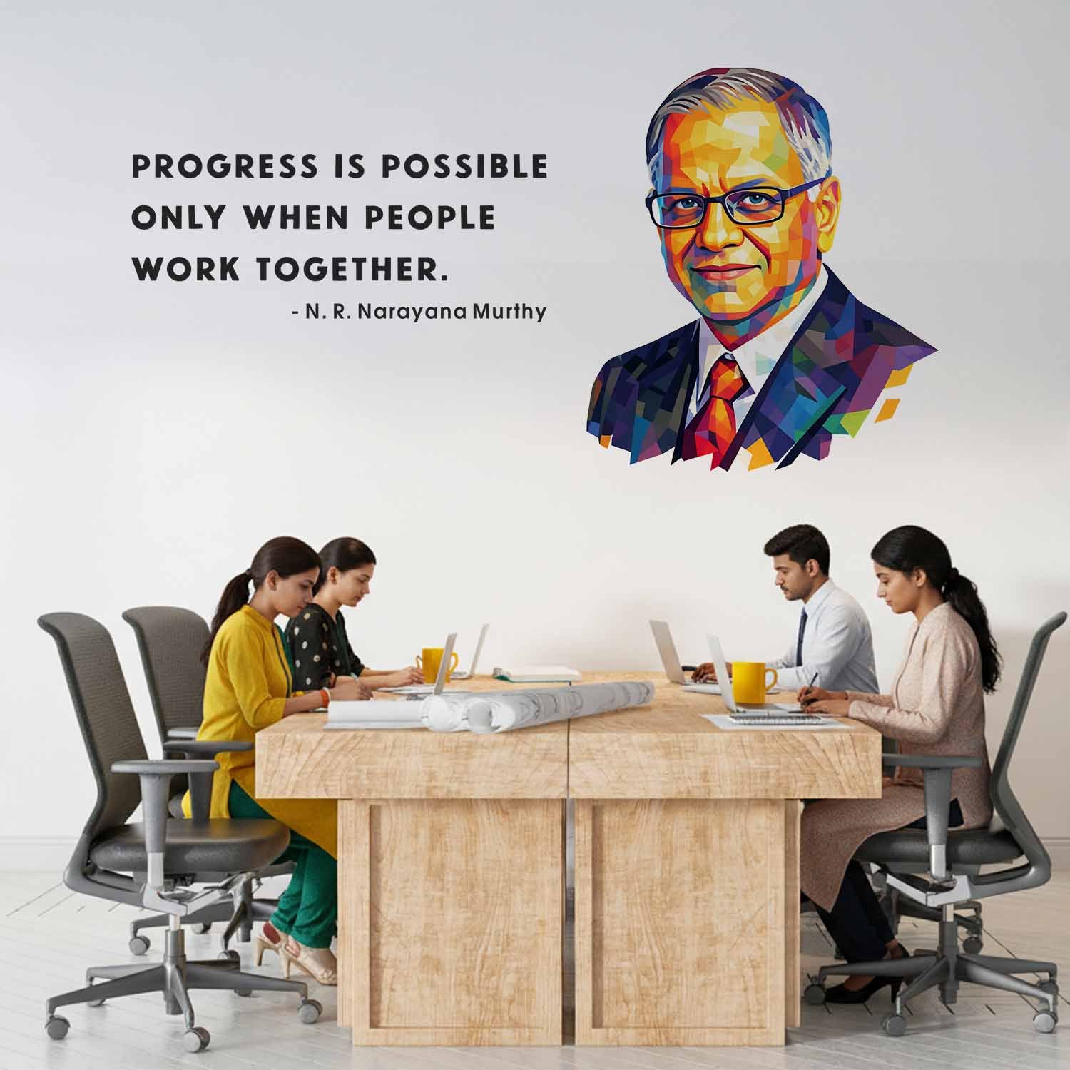 N R Narayana Murthy progress quote wall sticker with colorful portrait motivational teamwork office wall decal