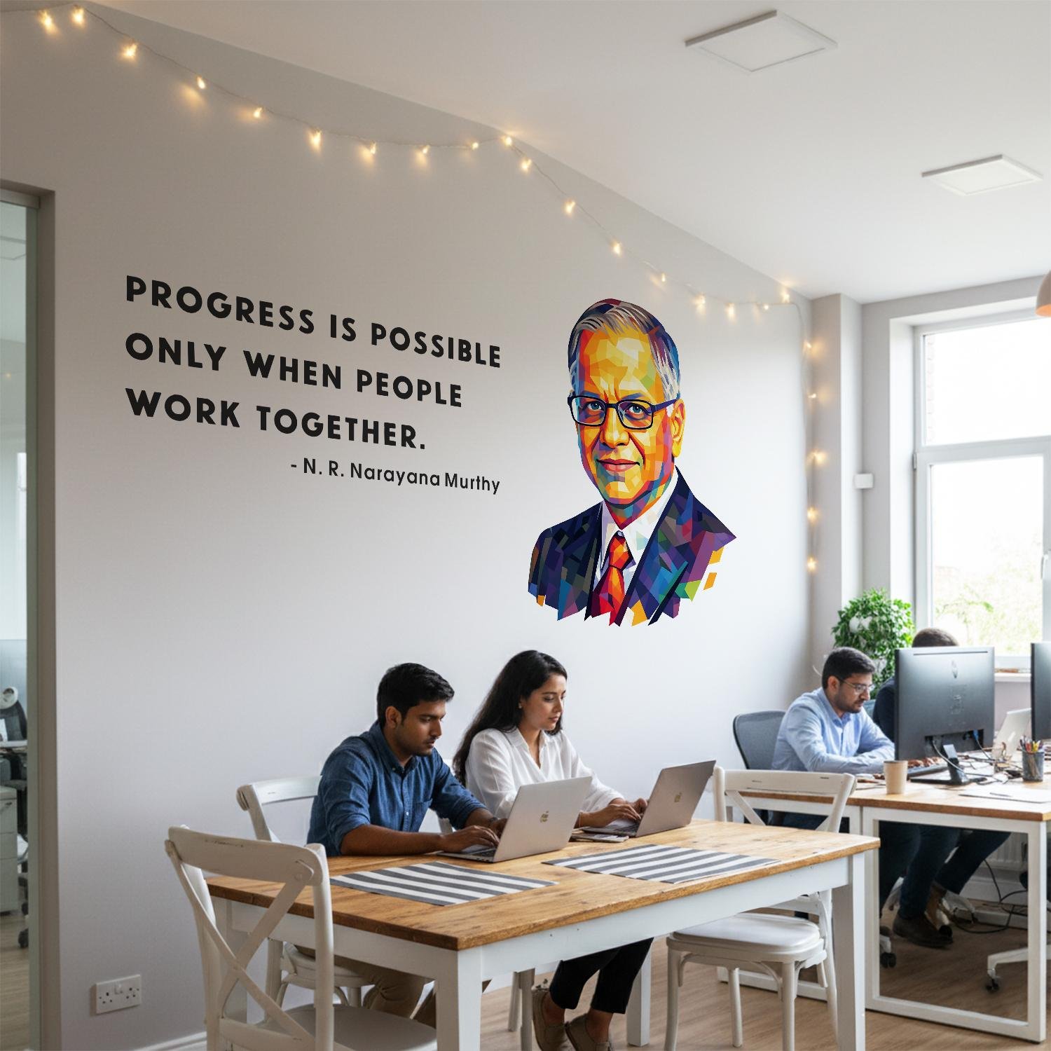 N R Narayana Murthy progress quote wall sticker with colorful portrait motivational teamwork office wall decal