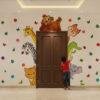 Peekaboo jungle animals kids room wall sticker with cute safari animals like lion, giraffe, elephant, zebra, and crocodile around door frame