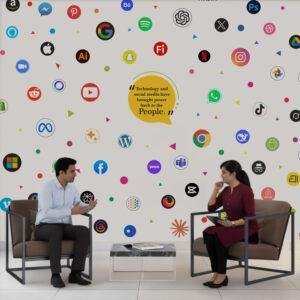 Technology and Social Media Icons Office Wall Sticker – Modern Startup Workspace Wall Decor with Colorful Tech Logos