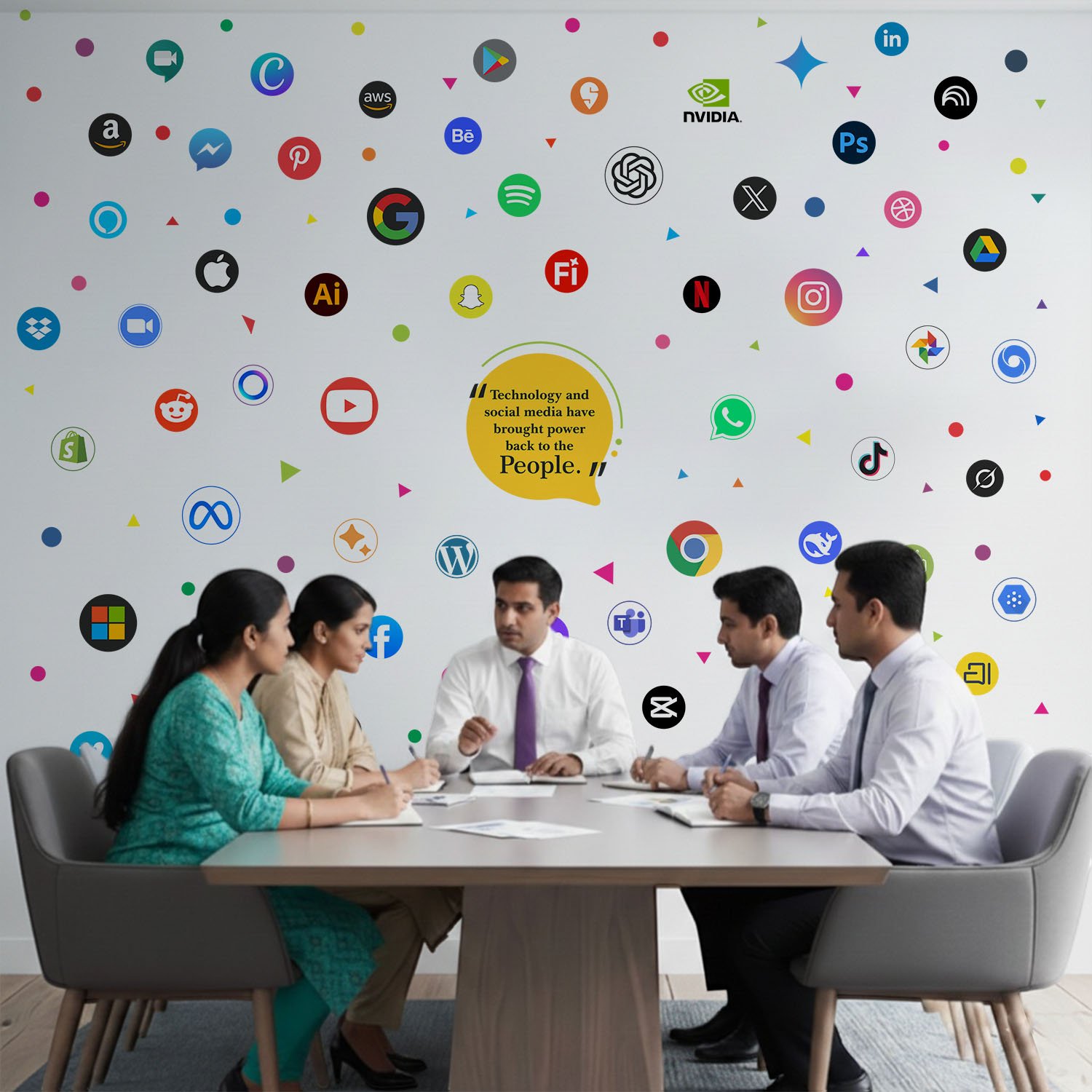 Technology and Social Media Icons Office Wall Sticker – Modern Startup Workspace Wall Decor with Colorful Tech Logos