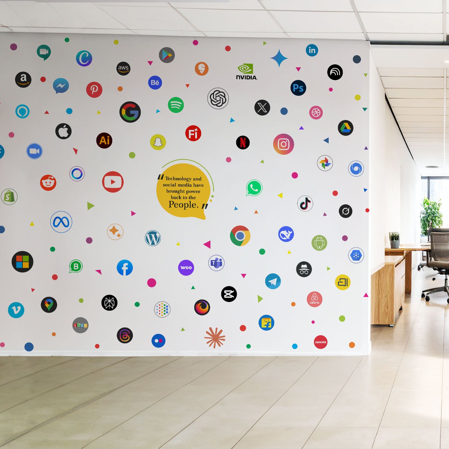 Technology and Social Media Icons Office Wall Sticker – Modern Startup Workspace Wall Decor with Colorful Tech Logos