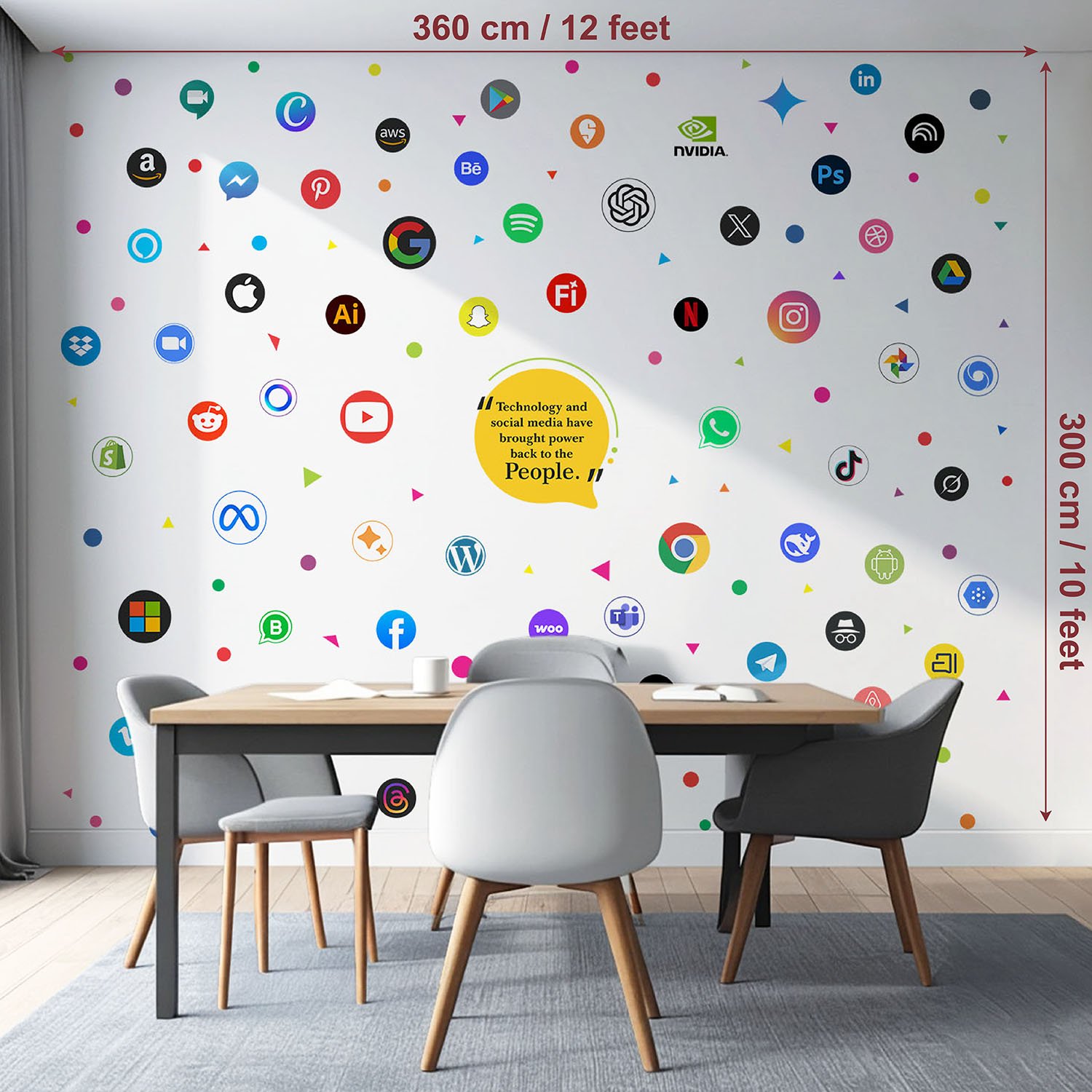 Technology and Social Media Icons Office Wall Sticker – Modern Startup Workspace Wall Decor with Colorful Tech Logos