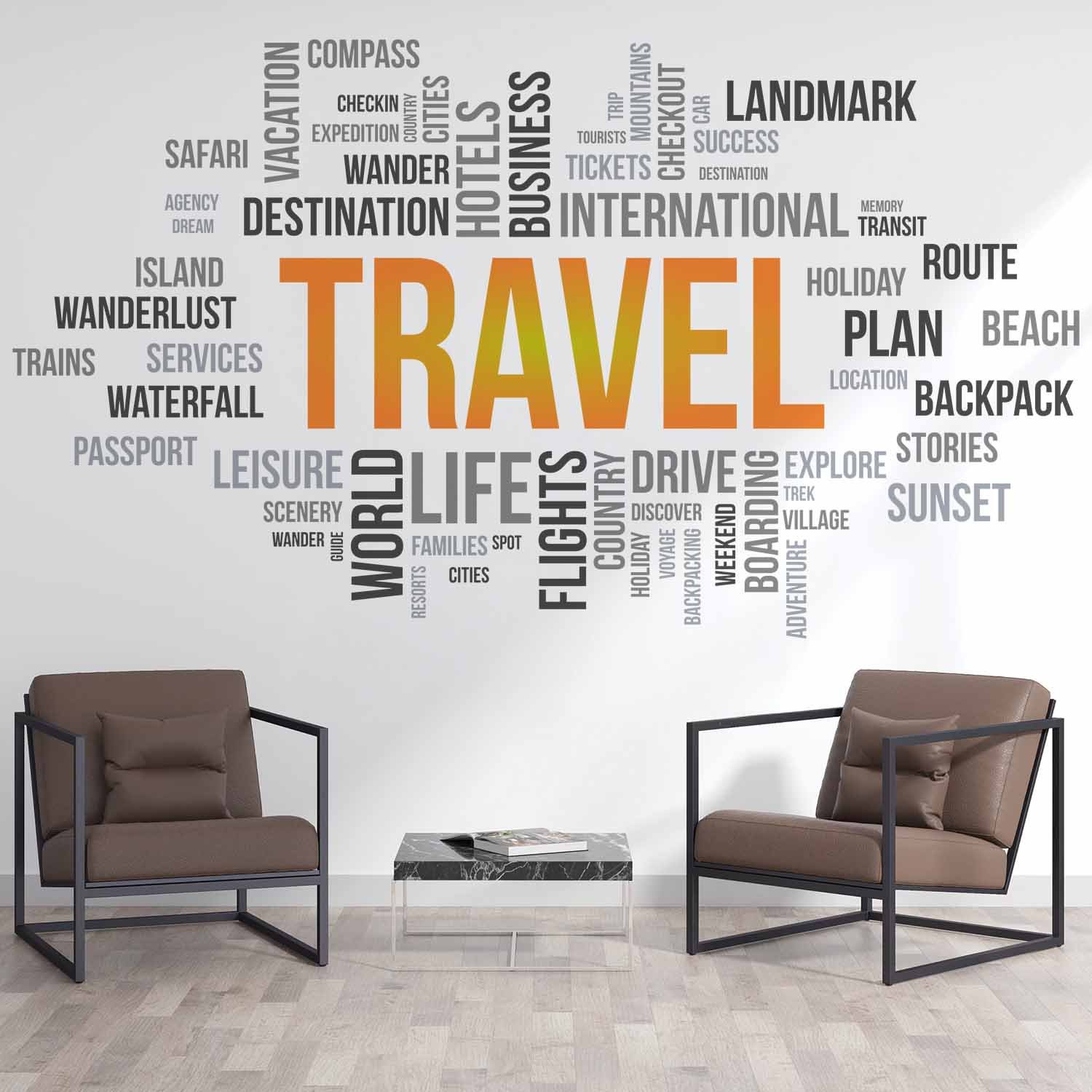 Travel word cloud wall sticker with wanderlust typography design for modern office and home decor