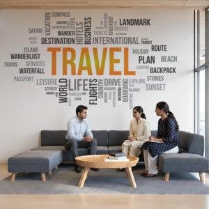 Travel word cloud wall sticker with wanderlust typography design for modern office and home decor
