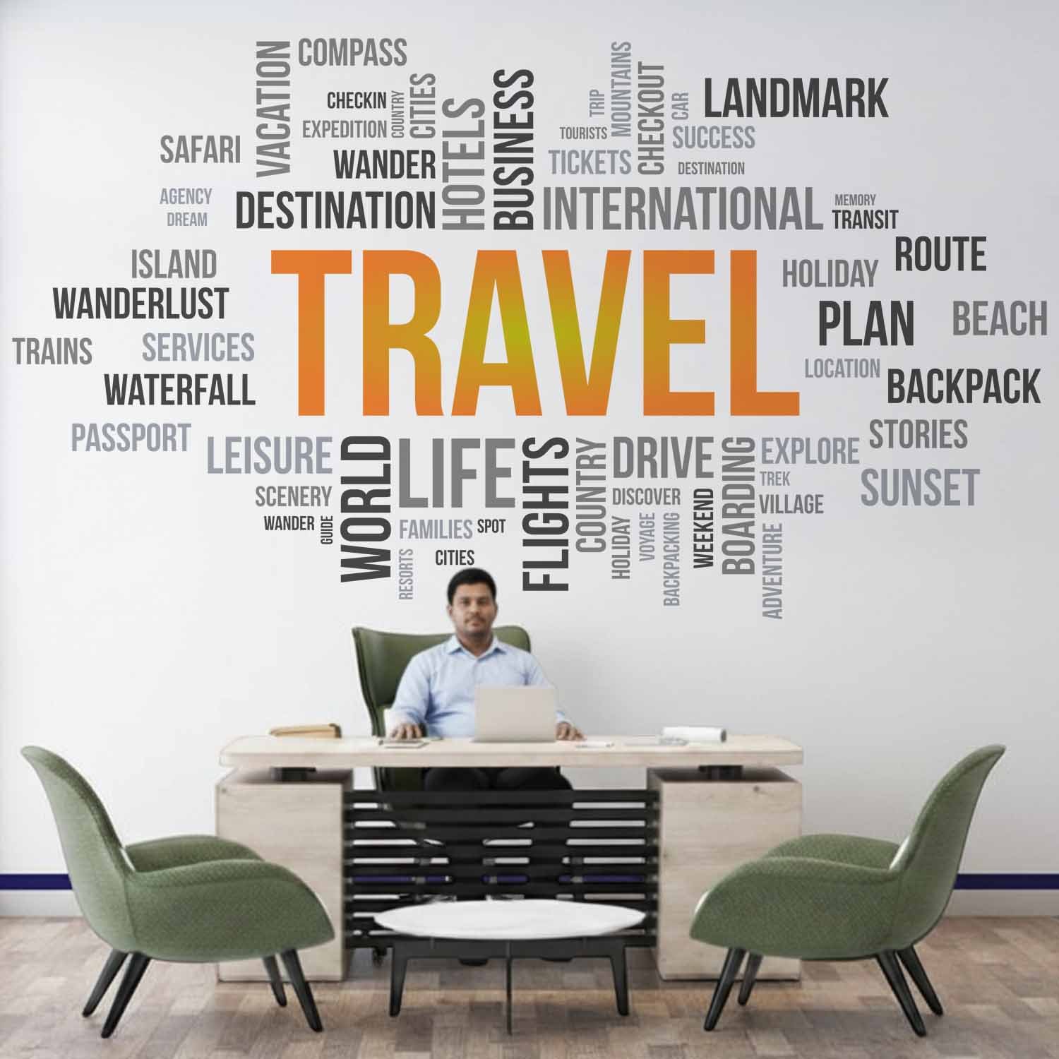 Travel word cloud wall sticker with wanderlust typography design for modern office and home decor