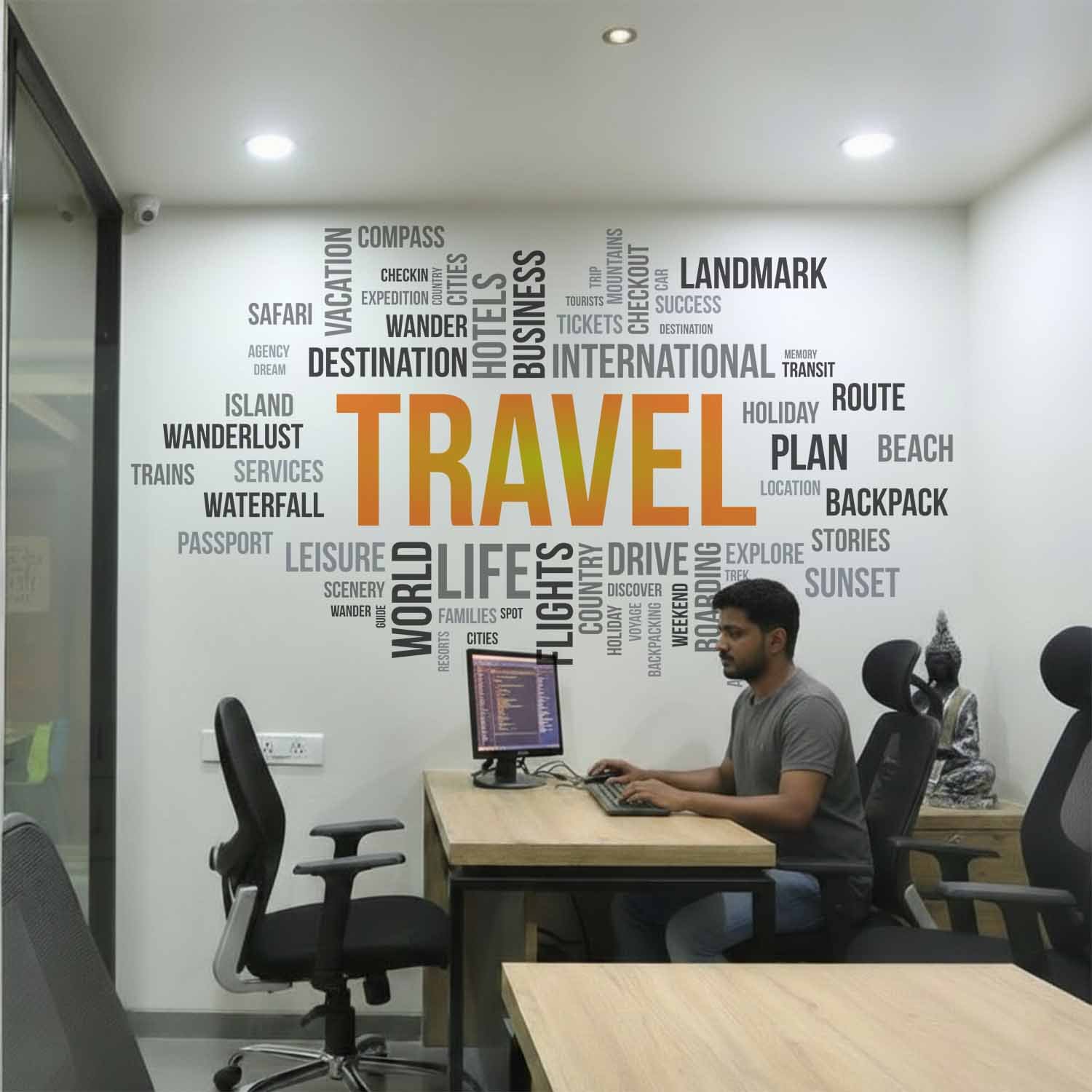 Travel word cloud wall sticker with wanderlust typography design for modern office and home decor