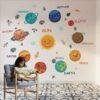 Kids room wall with colorful smiley solar system wall stickers including planets, sun, moon and space elements with child interacting