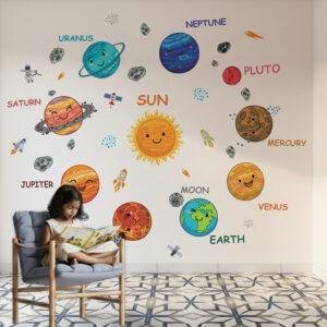 Kids room wall with colorful smiley solar system wall stickers including planets, sun, moon and space elements with child interacting