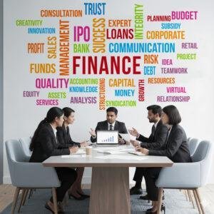 Finance word cloud wall sticker for office wall décor with colorful business terms on modern workspace wall