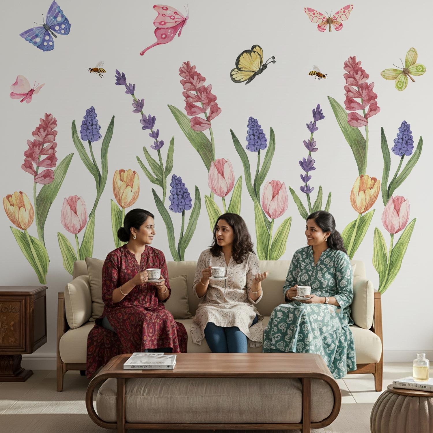 Colorful floral butterfly wall sticker for home decor living room with tulip flowers and watercolor garden design