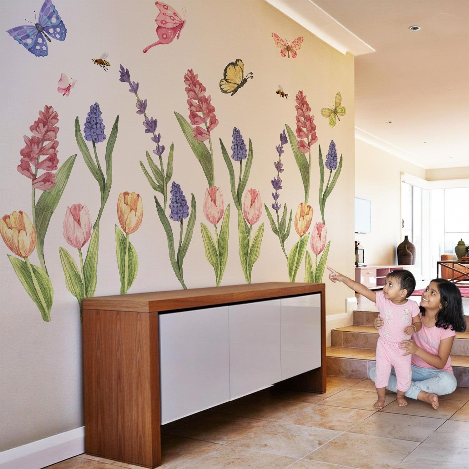 Colorful floral butterfly wall sticker for home decor living room with tulip flowers and watercolor garden design