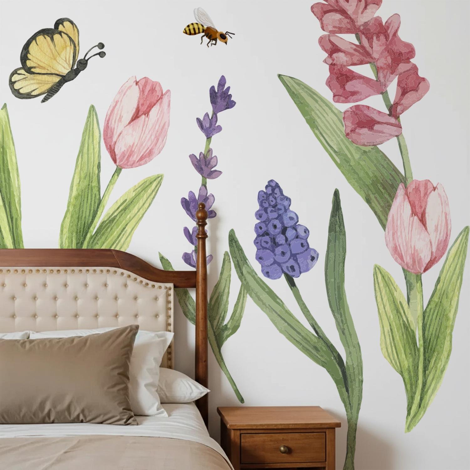 Colorful floral butterfly wall sticker for home decor living room with tulip flowers and watercolor garden design