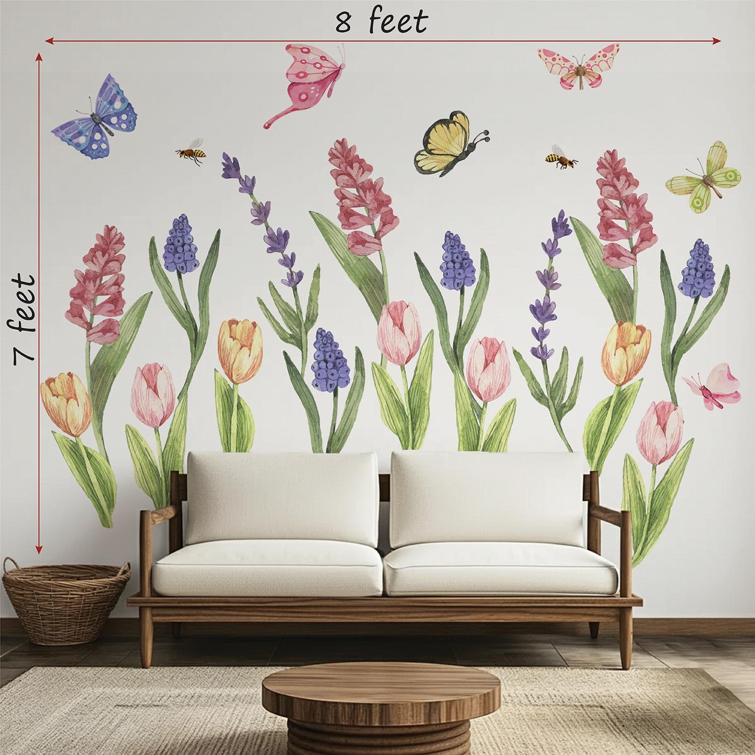 Colorful floral butterfly wall sticker for home decor living room with tulip flowers and watercolor garden design