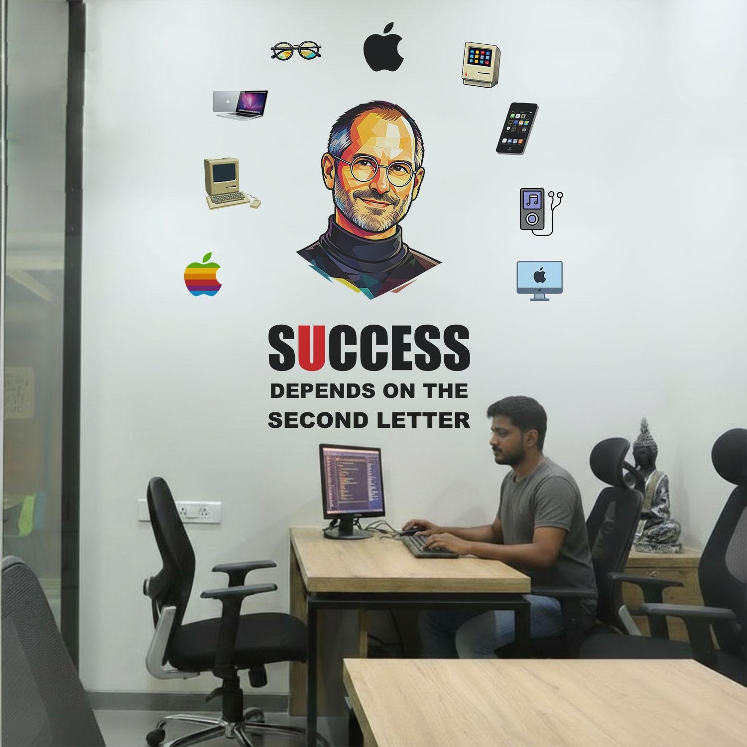 motivational success quote wall sticker with Steve Jobs design for office workspace home decor