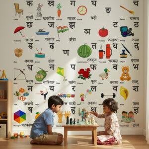 Kids learning Hindi alphabet wall sticker with colorful Varnamala letters and illustrations applied on nursery room wall