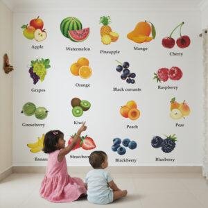 Colorful fruit learning wall stickers with names for kids room, educational nursery wall decor for toddlers and preschool learning