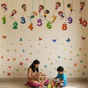 Colorful numbers 1 to 10 wall stickers with kids characters, educational counting wall decor for toddlers and preschool kids room
