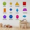 Colorful educational wall sticker featuring cartoon geometric shapes with names including circle, triangle, square, rectangle, pentagon, hexagon, and arrow in a kids learning room.