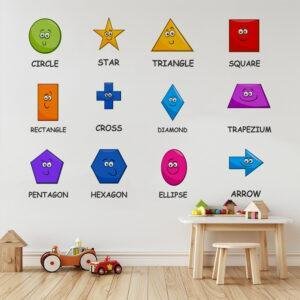 Colorful educational wall sticker featuring cartoon geometric shapes with names including circle, triangle, square, rectangle, pentagon, hexagon, and arrow in a kids learning room.