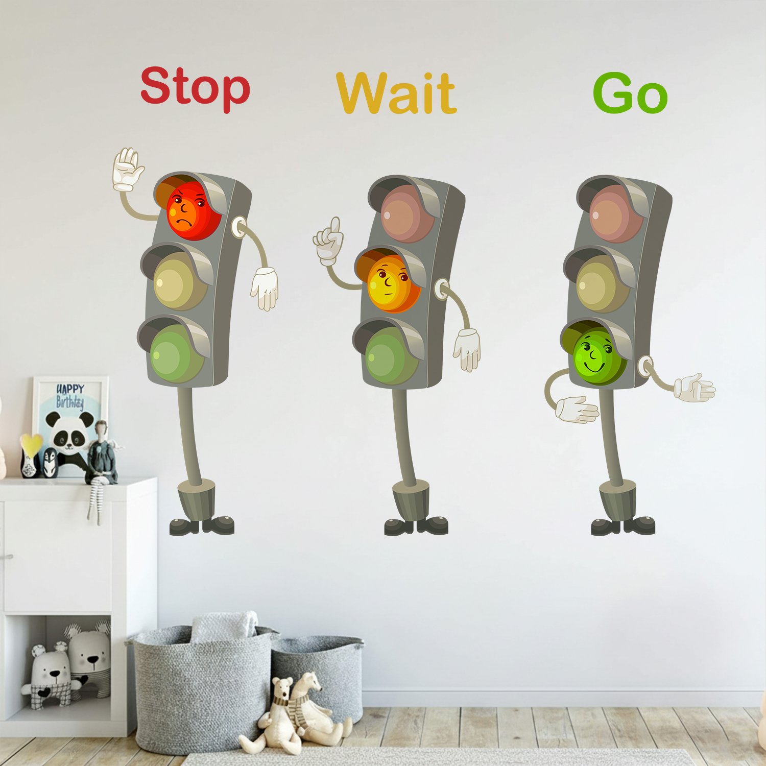 Kids educational wall sticker featuring animated traffic signals with “Stop,” “Wait,” and “Go” text in a colorful nursery room setup.