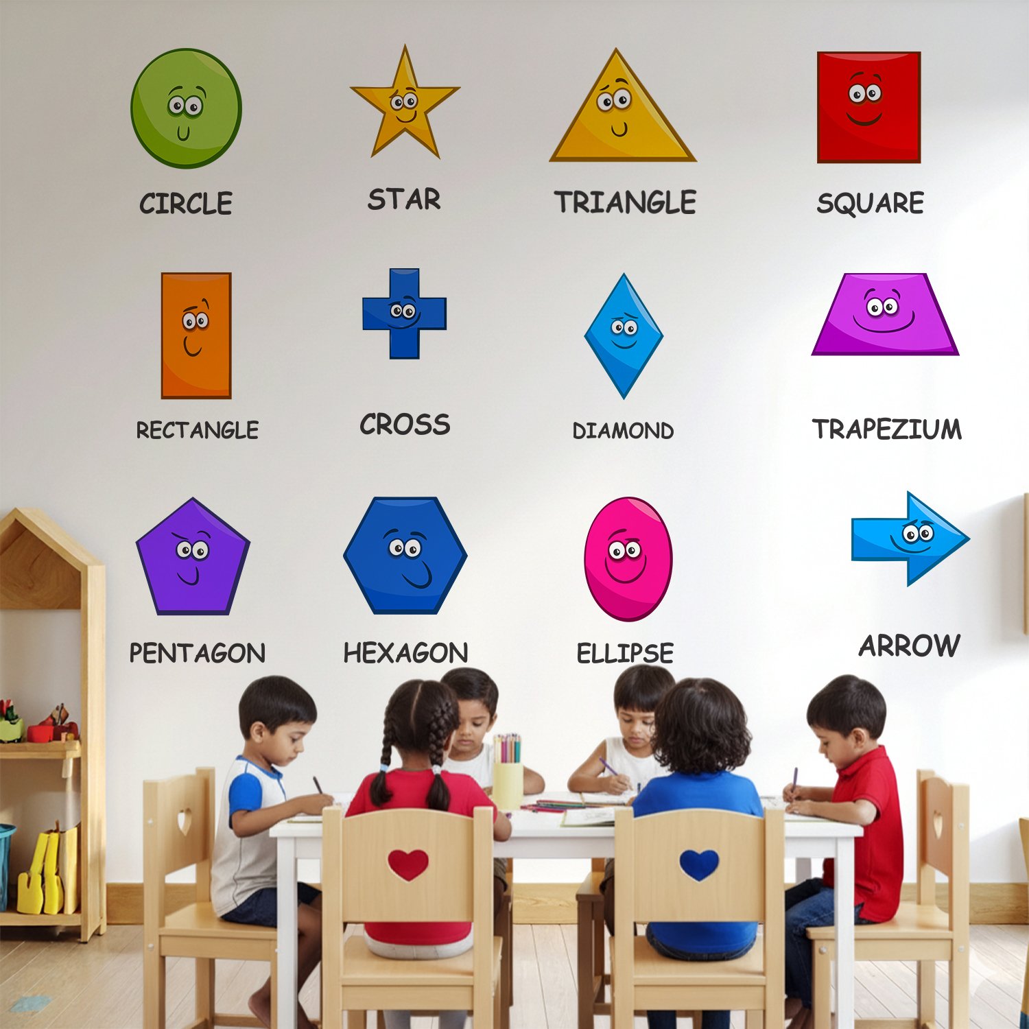 Colorful educational wall sticker featuring cartoon geometric shapes with names including circle, triangle, square, rectangle, pentagon, hexagon, and arrow in a kids learning room.