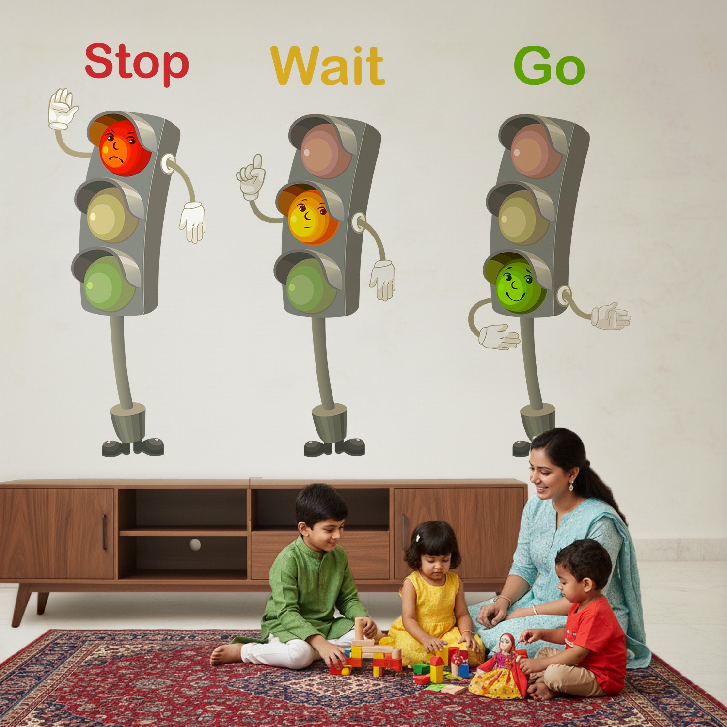 Kids educational wall sticker featuring animated traffic signals with “Stop,” “Wait,” and “Go” text in a colorful nursery room setup.
