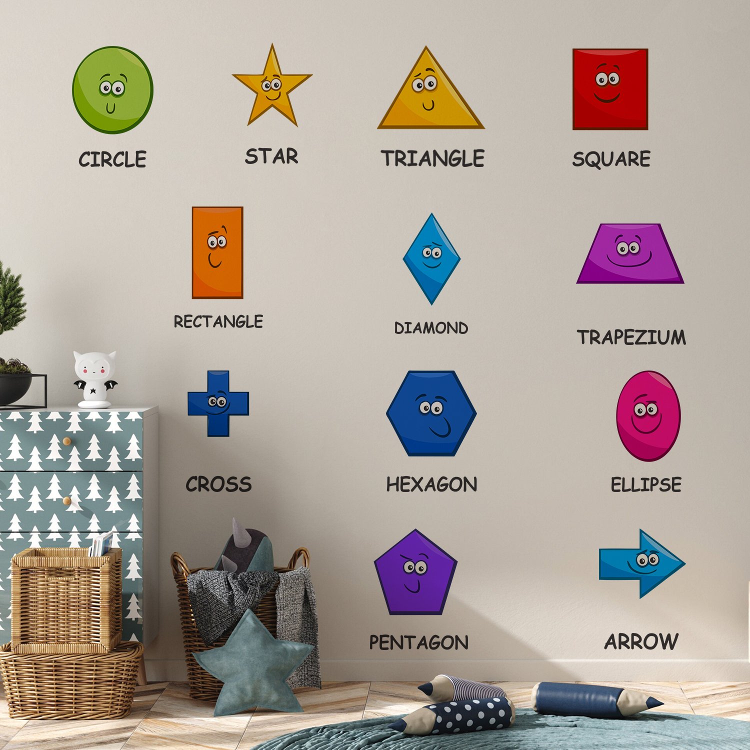 Colorful educational wall sticker featuring cartoon geometric shapes with names including circle, triangle, square, rectangle, pentagon, hexagon, and arrow in a kids learning room.