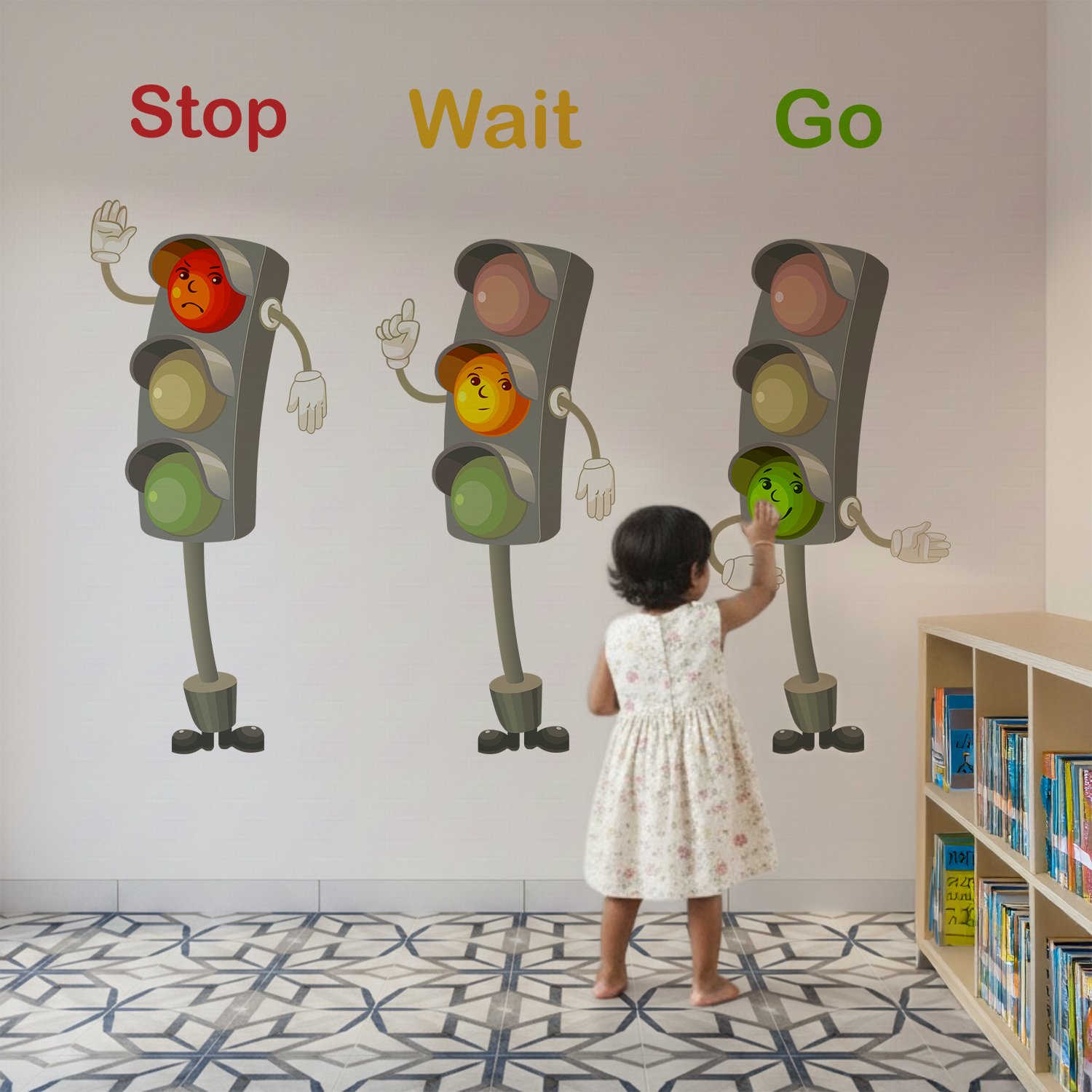 Kids educational wall sticker featuring animated traffic signals with “Stop,” “Wait,” and “Go” text in a colorful nursery room setup.
