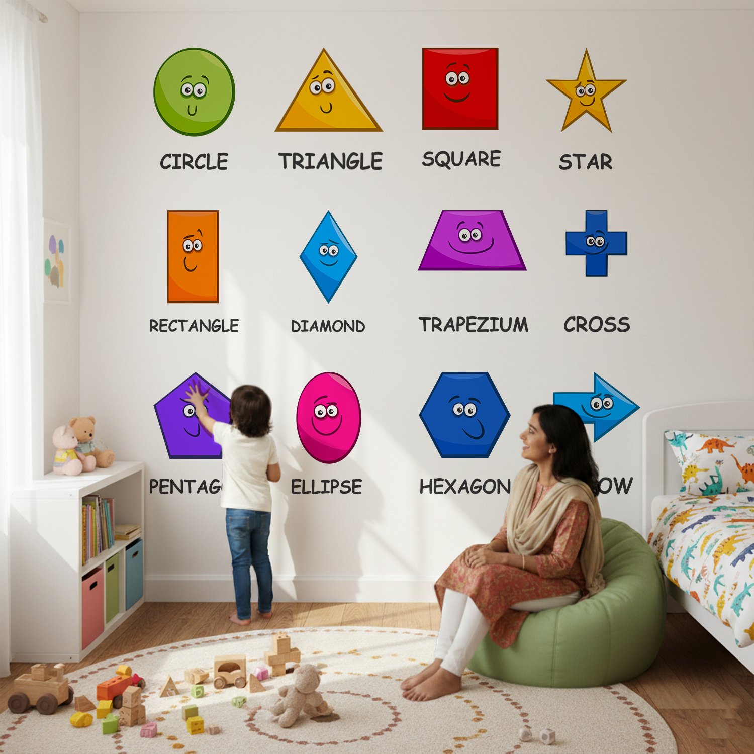 Colorful educational wall sticker featuring cartoon geometric shapes with names including circle, triangle, square, rectangle, pentagon, hexagon, and arrow in a kids learning room.